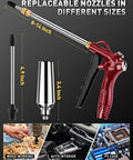 Heavy Duty High Flow Air Blow Gun With Adjustable 8 To 14 Inch Telescoping Extension Pro Grade Red Nozzle Blower displaying replaceable nozzles