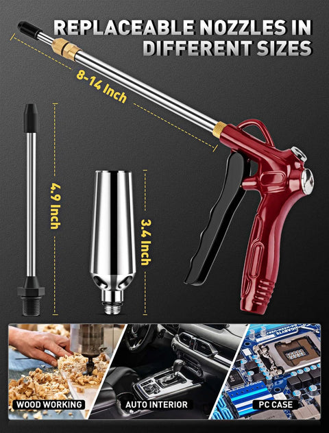 Heavy Duty High Flow Air Blow Gun With Adjustable 8 To 14 Inch Telescoping Extension Pro Grade Red Nozzle Blower displaying replaceable nozzles