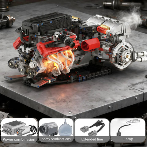 Realistic V12 Engine Model Kit That Runs Visible MOC Car Engine Project For Gearhead Enthusiasts With Motor, Lighting And Exhaust STEM Engineering Toy Set For Adults, Builds Durable, Interactive Engine Display on metal table