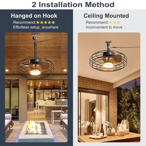 Plug And Play No Fuss Outdoor Ceiling Fan With Lights 20 Inch Wet Rated Gazebo Fan with two installation methods shown, hanged on hook and ceiling mounted in wood color.