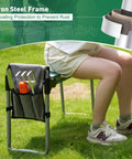 Person sitting on Two In One Garden Kneeler And Seat Bench Foldable Workseat With Eight Inch Wide EVA Foam Pad And Detachable Tool Pouch
