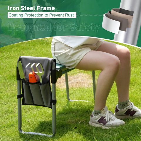 Person sitting on Two In One Garden Kneeler And Seat Bench Foldable Workseat With Eight Inch Wide EVA Foam Pad And Detachable Tool Pouch