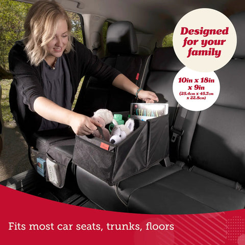 Woman arranging items in a Backseat Car Organizer With Built In Cup Holders And Mesh Pockets Foldable With Handles 9 Compartments