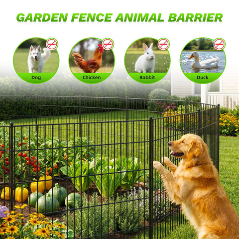 No Dig 10 Panel Decorative Garden Fence With Gate For Yard Patio And Flower Beds Rustproof Wrought Iron Dog Fence Outdoor Barrier 40In High By 25Ft Long Ideal For Dogs And Rabbits installed around garden with dog