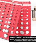 Red nut-and-bolt thread checker with 6-inch and 15-centimeter rulers, 19 standard and 15 metric sizes with drill-bit gauge