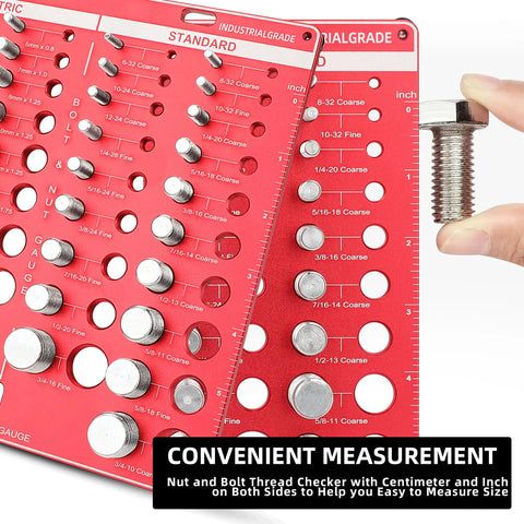 Red nut-and-bolt thread checker with 6-inch and 15-centimeter rulers, 19 standard and 15 metric sizes with drill-bit gauge