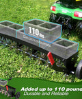 40-Inch Tow Behind Spike Aerator With Galvanized Steel Tines Heavy Duty Lawn Aerator next to tractor, 110 lbs capacity shown
