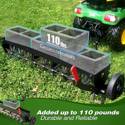 40-Inch Tow Behind Spike Aerator With Galvanized Steel Tines Heavy Duty Lawn Aerator next to tractor, 110 lbs capacity shown