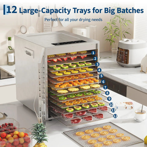 A Heck Of A Food Dehydrator Featuring Twelve Heavy Duty Stainless Steel Trays With Precise Eighty Five To One Seventy Degree Fahrenheit Temp Control For Making Juicy Beef Jerky Garden Veggies And Healthier Snacks showing 12 large trays filled with fruits.