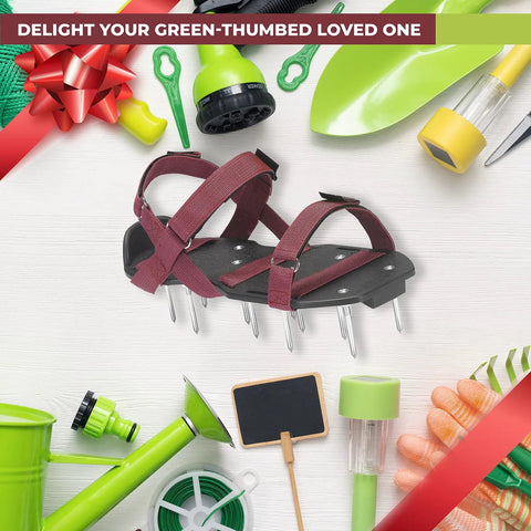 Lawn aerator shoes with adjustable maroon straps and preassembled spikes amidst garden tools