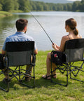 Couple fishing by lake with Oversized Directors Camping Chair With Side Table, Heavy Duty Folding Lawn Chair For Adults