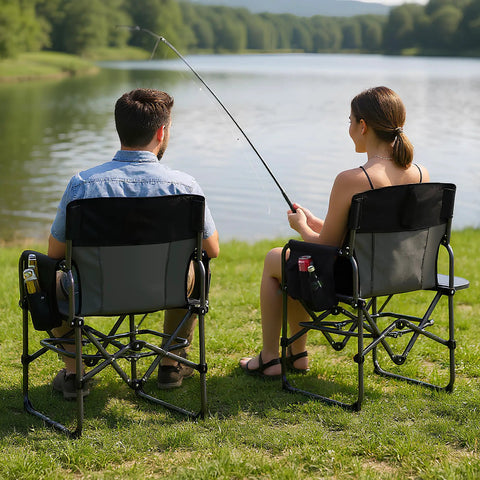 Couple fishing by lake with Oversized Directors Camping Chair With Side Table, Heavy Duty Folding Lawn Chair For Adults