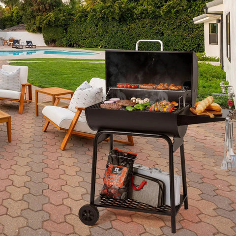 28 Inch Barrel Charcoal Grill With Warming Rack And 626 Sq In Of Cooking Space for backyard BBQs on patio