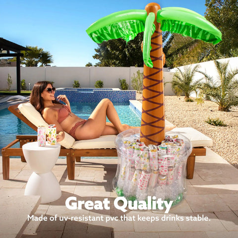 Inflatable Palm Tree Cooler, 60 Inch Tall, Beach Theme Pool Party Decor with drinks inside, by poolside with lounger in background.