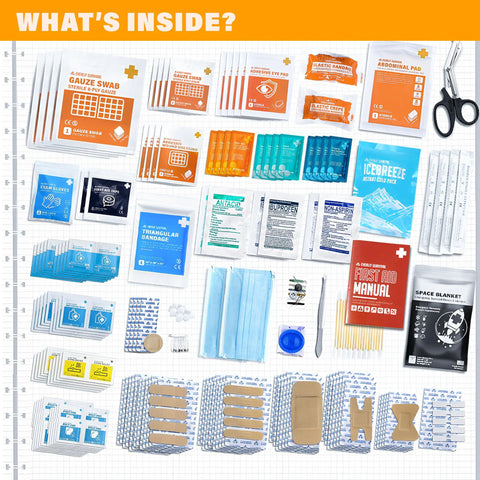 Everlit 400-pc OSHA First Aid Kit contents laid out flat; blue/orange packaging, wall-mountable