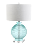 Aqua Diamond Etched Glass And Crystal Table Lamp 26 Inch Tall Coastal Transitional Bedside Light With White Linen Drum Shade LED Bulb Included ETL Listed Energy Saving Modern Home Decor
