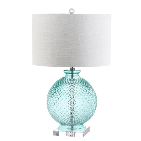 Aqua Diamond Etched Glass And Crystal Table Lamp 26 Inch Tall Coastal Transitional Bedside Light With White Linen Drum Shade LED Bulb Included ETL Listed Energy Saving Modern Home Decor