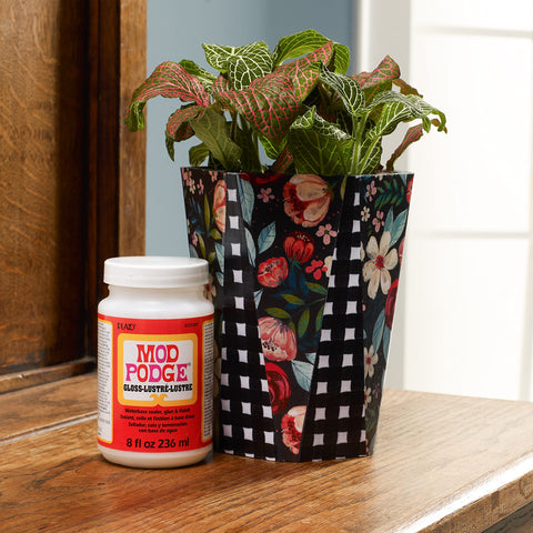 All In One Glue Sealer Finish Clear Gloss For Wood Paper Fabric And More, 8 oz bottle next to decorated pot with plant