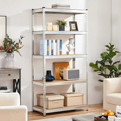 Badass 5 Tier Metal Storage Shelving Unit Heavy Duty Steel Rack With Rock Solid MDF Shelves Silver Color Super Tough Organizer For Garage Closet Home Use 72 Inch Height Nuke Clutter With Game Changing Storage Power