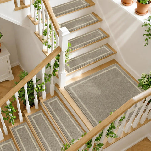 Soft Stair Treads 15 Pack Non Slip Carpet Mats 28x9 Inches For Indoor Wooden Stair Runners Kid And Pup Friendly Rugs 100 Percent Polyester With TPE Backing Beige on staircase