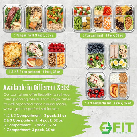 Glass Meal Prep Containers With Lids 32 Oz 4 Pack 2 And 3 Compartments For Portion Control Food Storage displayed in sets