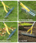 15 Inch Dethatching Rake For Lawn With Dual Edge Steel Head, Yard Workhorse Adjustable Metal Handle, Non Slip Sponge Grip. Four images show soil loosening, thatch removal, leaf gathering, and sod laying.