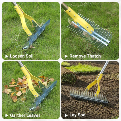 15 Inch Dethatching Rake For Lawn With Dual Edge Steel Head, Yard Workhorse Adjustable Metal Handle, Non Slip Sponge Grip. Four images show soil loosening, thatch removal, leaf gathering, and sod laying.