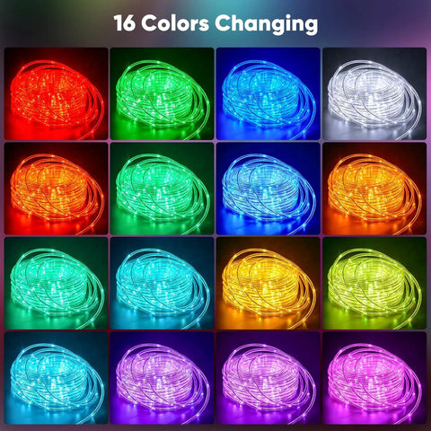 Color Changing Rope Lights Outdoor 33ft 100 LED String Lights with 16 colors displayed in grid pattern for patios gardens