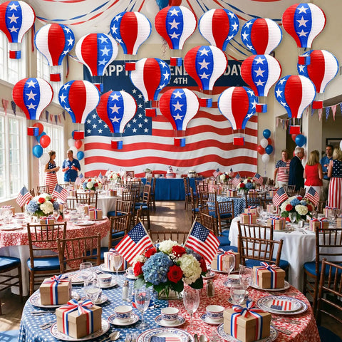 20 Pack July 4th Decor Set Red White Blue Hot Air Balloon Lanterns for Outdoor Patriotic Party hung over a decorated hall