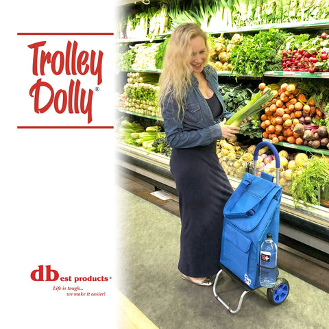 Woman shopping with Foldable Trolley Dolly Shopping Cart with blue bag, heavy-duty wheels, in a grocery aisle full of vegetables.