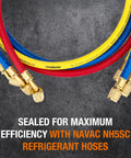 Close-up of Three Color HVAC Charging Hoses With Ball Valve Kit, Five Foot Long, Color Coded Red Blue Yellow, Works With R410A