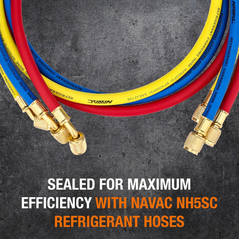 Close-up of Three Color HVAC Charging Hoses With Ball Valve Kit, Five Foot Long, Color Coded Red Blue Yellow, Works With R410A