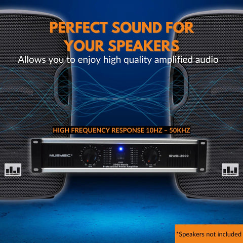 Powerhouse 2 Channel 2000W Professional Amplifier for DJ PA System and Home Audio shown with speakers