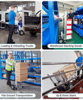 Heavy Duty Electric Stair Climbing Hand Truck With Power Lift Platform Handling All The Heavy Work So You Ride Easy Hauling Up To Three Seventy Five Pounds Across Floors Or Up Flights Of Stairs Smoothly unloading trucks and stacking goods in a warehouse.