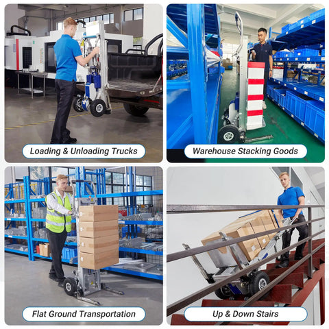 Heavy Duty Electric Stair Climbing Hand Truck With Power Lift Platform Handling All The Heavy Work So You Ride Easy Hauling Up To Three Seventy Five Pounds Across Floors Or Up Flights Of Stairs Smoothly unloading trucks and stacking goods in a warehouse.