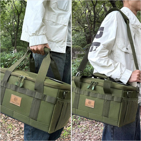Person carrying 18L Tactical Camping Storage Bag with Shoulder Strap and Utility Tote, shown in army green, outdoors