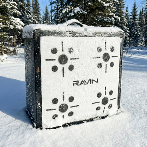 650 FPS Ravin Edition crossbow target with snow, featuring aramid core and 5-stage honeycomb design for ultra high speed stop