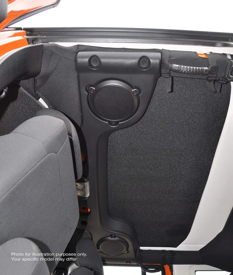 Design Engineering Boom Mat black sound-deadening headliner installed in Jeep Wrangler JL 2018+ peel-and-stick insulation