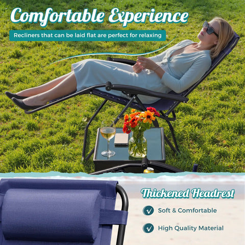 Woman relaxing on two blue zero gravity lounge chairs set with cup holders and pillows, no assembly needed, foldable outdoor patio recliners.