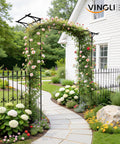 Sturdy Steel Garden Archway For Weddings And Yard Vibes with roses, black lattice frame, near white house, floral decor
