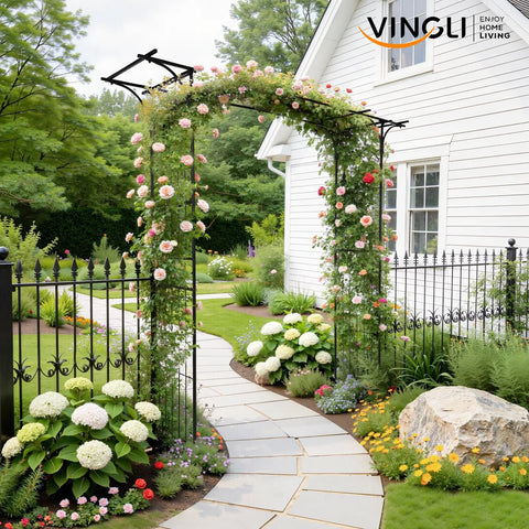 Sturdy Steel Garden Archway For Weddings And Yard Vibes with roses, black lattice frame, near white house, floral decor