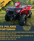Polaris Sportsman ATV, red body with black front bumper and rugged tires, front three-quarter view.