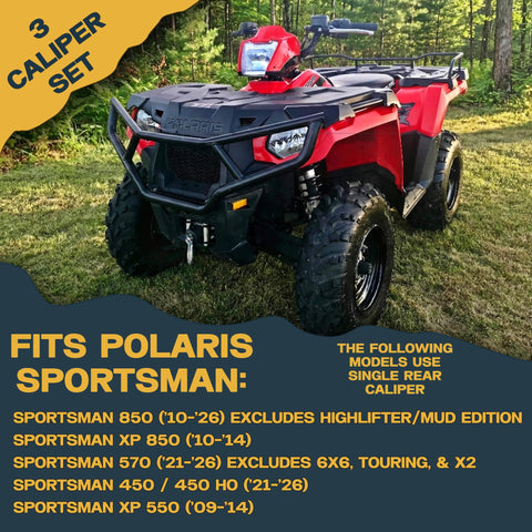 Polaris Sportsman ATV, red body with black front bumper and rugged tires, front three-quarter view.
