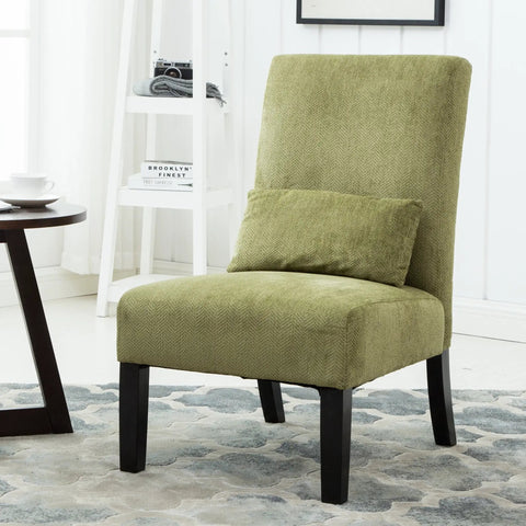 Kick Back Today Spring Green Chenille Armless Accent Chair With Rich Espresso Wood Legs And Snug Kidney Pillow, side view.