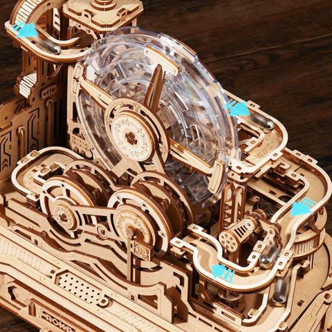 3D Wooden Puzzle Gear Ball Challenge for Adults DIY Marble Run Pinball Machine Model Kit With Six Mechanisms Five Tier Tracks And Real Time Path Adjustments For Thrill Seeking Brain Teasers, wooden gear maze