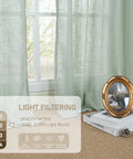 63 Inch Light Sage Linen Curtains Set Of 2 Semi Sheer Panels with Back Tabs shown in a cozy living room setting.