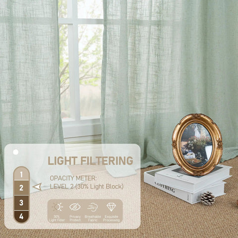 63 Inch Light Sage Linen Curtains Set Of 2 Semi Sheer Panels with Back Tabs shown in a cozy living room setting.