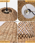 Close-up details of Seagrass Chandelier With Handwoven Rattan Wicker, Rustic Ceiling Hanging Light Fixture, E26/E27 bulb base, handwoven shade