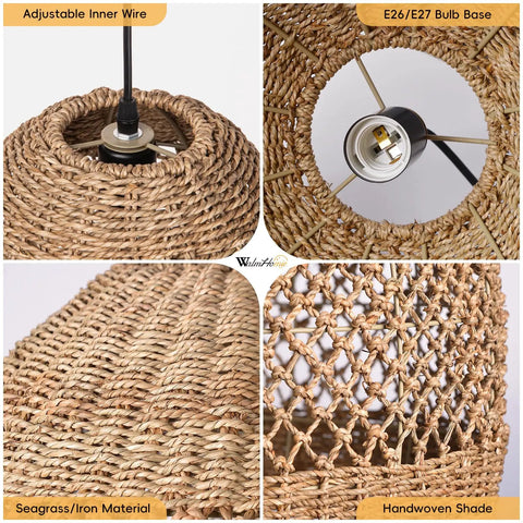 Close-up details of Seagrass Chandelier With Handwoven Rattan Wicker, Rustic Ceiling Hanging Light Fixture, E26/E27 bulb base, handwoven shade