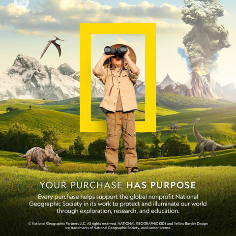 National Geographic Kids poster: child explorer with binoculars inside a yellow frame in a dinosaur-filled landscape